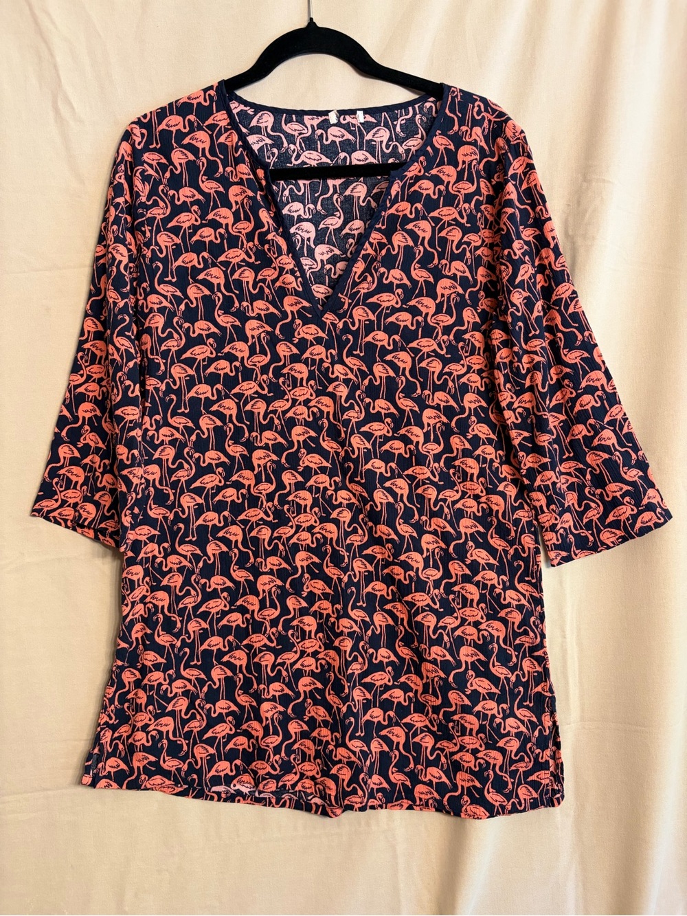 J.Crew Flamingo Print Tunic Top/Cover-Up in Navy and Pink/Coral V-neckline
